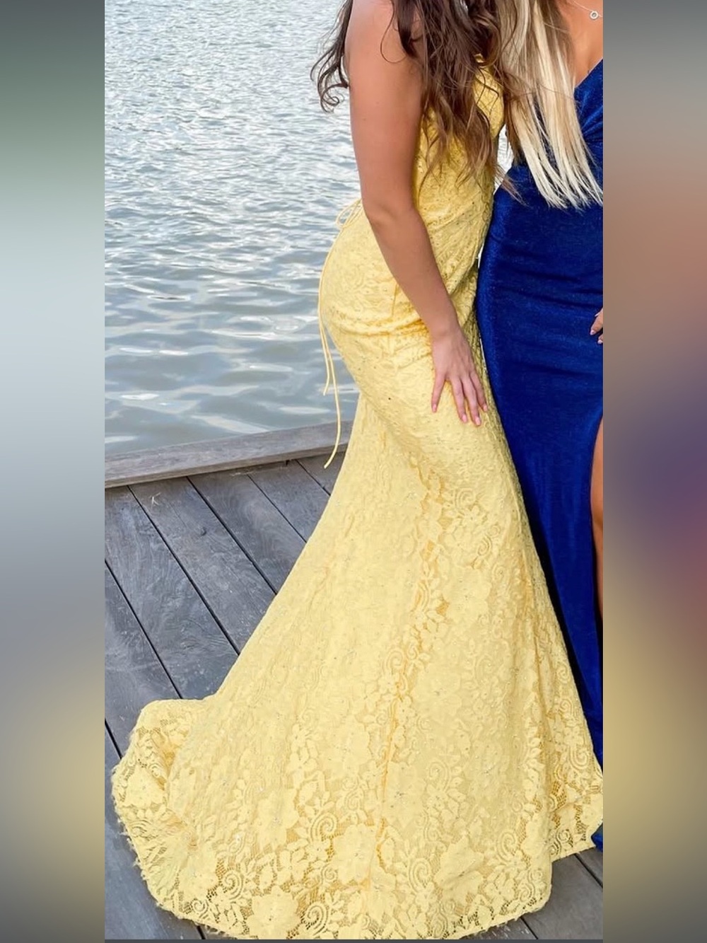 Sherri Hill Yellow Strapless Lace Gown